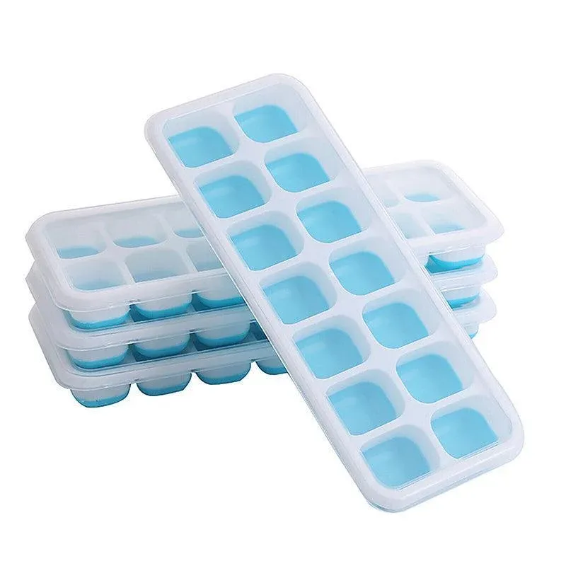 4Pcs Ice Cube Tray With Lid Easy Release Silicone Mould 14 Cubes Container Mold - Blue