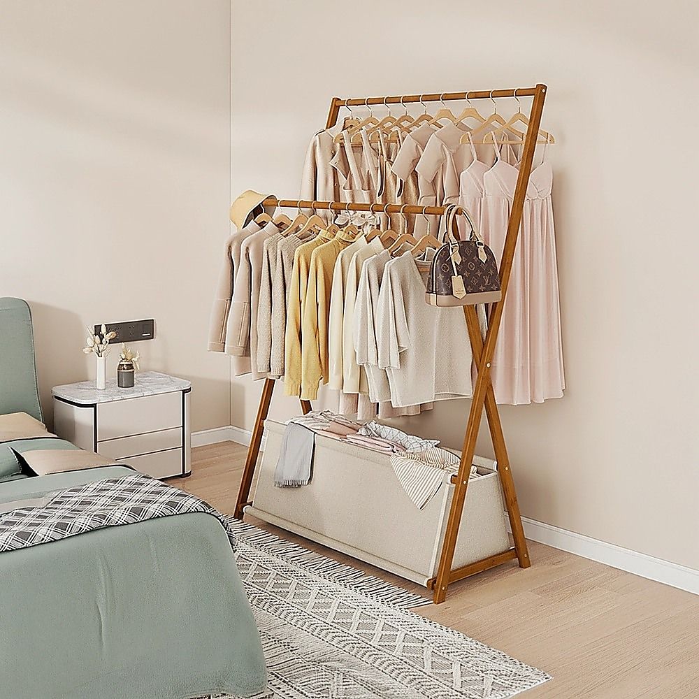 100x155cm Dark Wood Clothes Rail Garment Rack with Freestanding Storage Shelf โ image 3