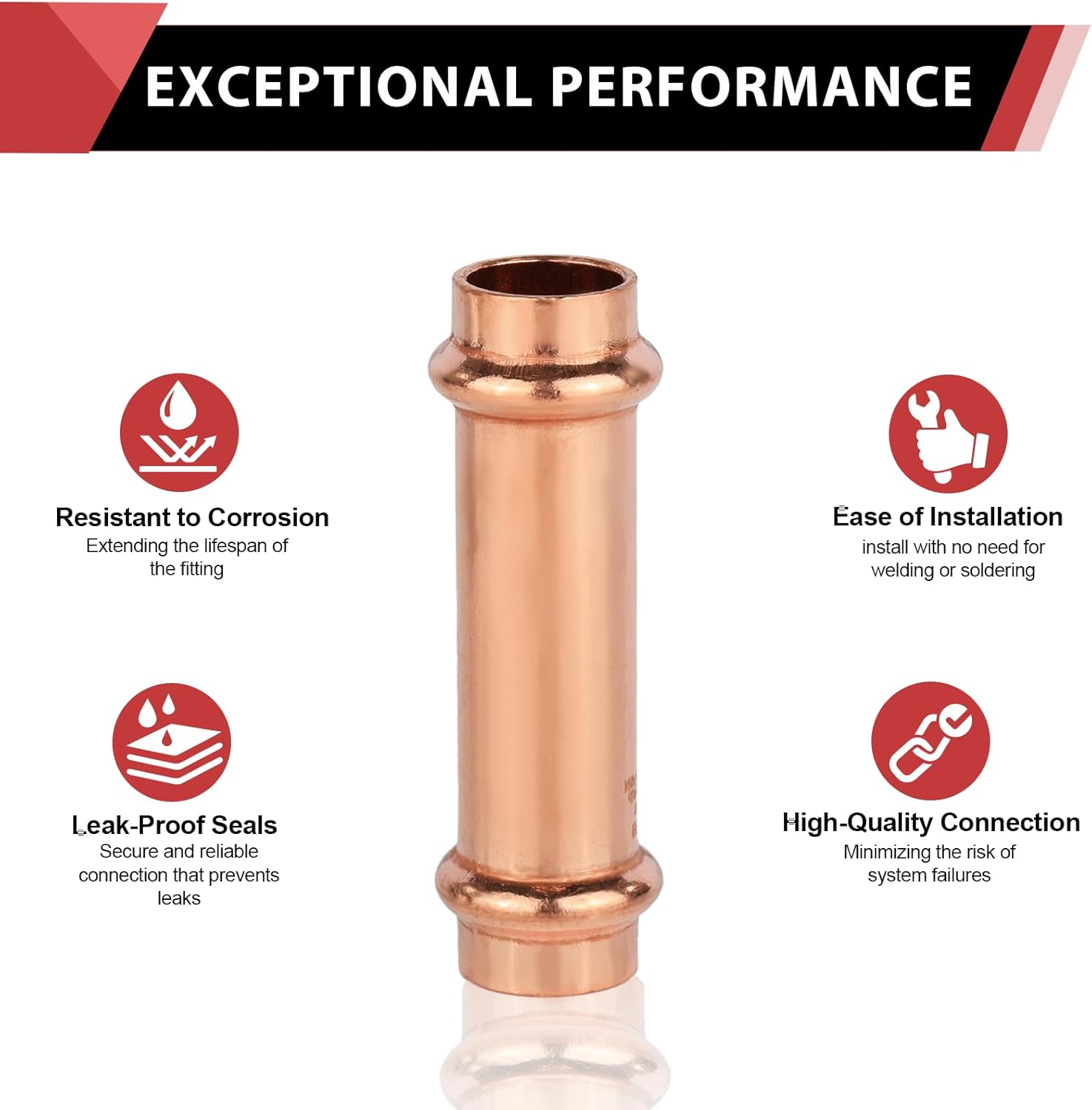 (Pack of 10) 1/2" x 1/2" Copper Press Fit Extended Coupling Fittings, No Stop,(PRESS028) — image 3