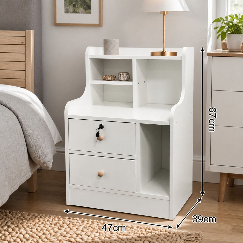 HYGGO White Nightstand Drawer Shelf Storage Tray Wooden Knob Bedside Table Minimalist โ image 2
