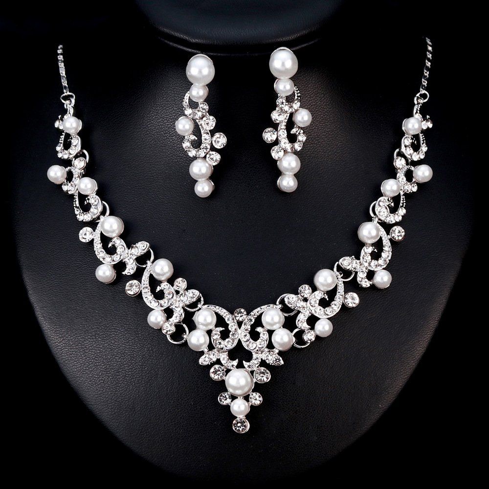 Wedding Bridal Jewelery Set Crystal Simulated Pearl Necklace Dangle Earrings for Women Rhinestone Accessories for Women and Girl โ image 4