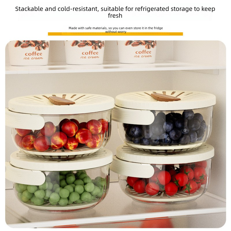 Brown large Multi-functional Fruit and Vegetable Washing Bowl with Lid and Hidden Handle Double-Layer Drainage Container for Refrigerator Storage and — image 3