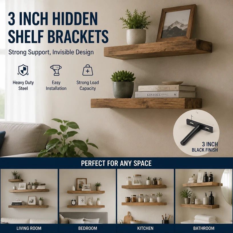 3" Black Hidden T Shelf Bracket 2Pcs w/ 5x60&5x80 Screws