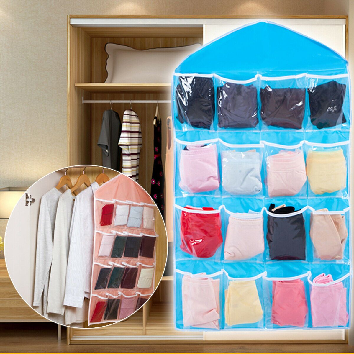 Pink 16 Pocket Hanging Wardrobe Organizer Transparent Storage Bag for Clothes Underwear Socks and Accessories โ image 6