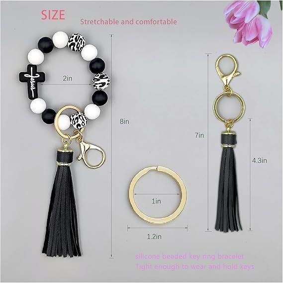 Black and White Silicone Bead Keychain Bracelet with Cross Charm and Tassel - Black, White, Teal, Leopard Print - Fashion Wristlet Key Ring for Women, Gift — image 4