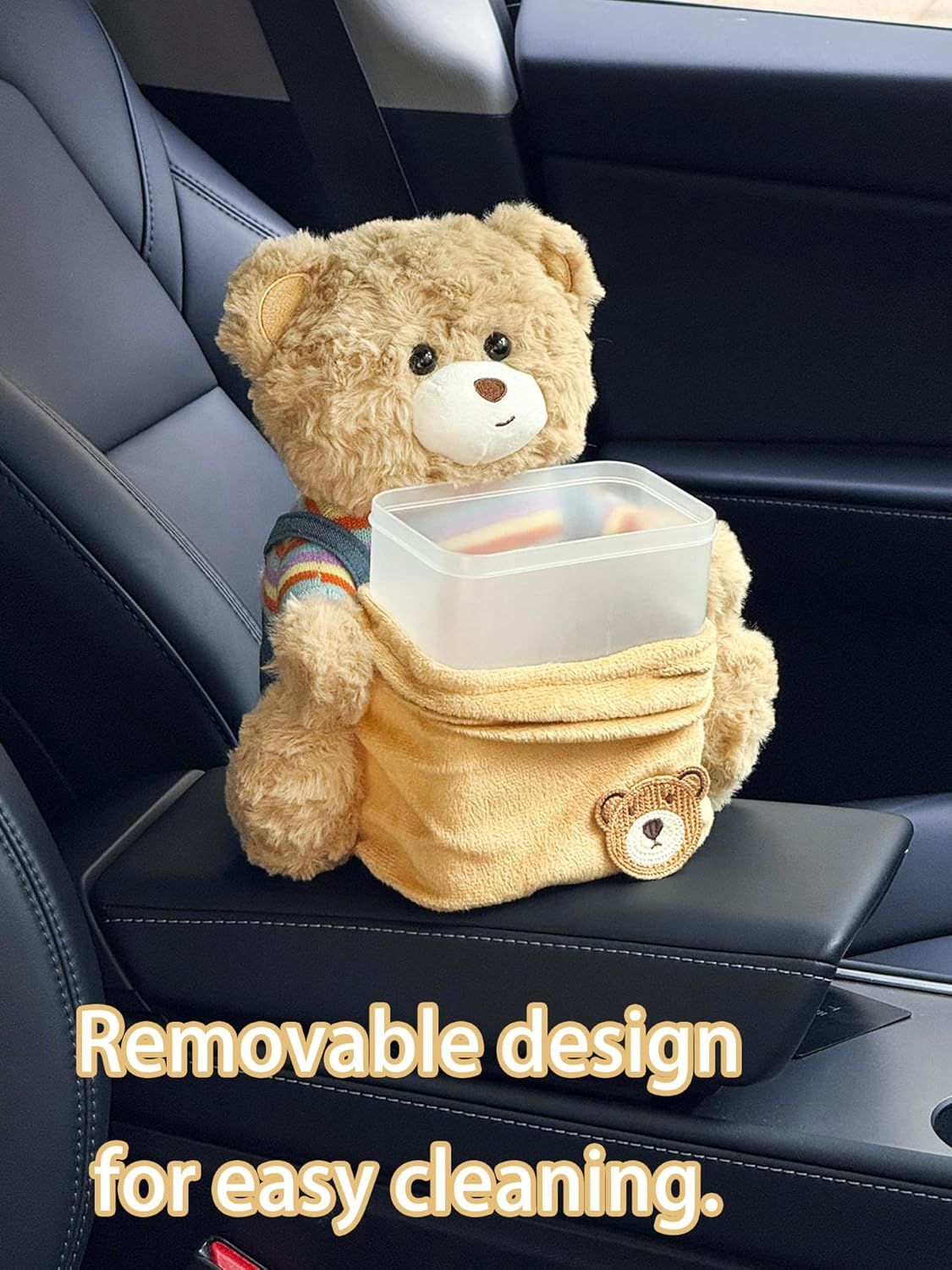 Cute Car Trash Can with Tissue Holder Teddy Bear Tissue Box Console Stuffed Animal Organizer Plush Doll Multifunctional Creative Accessories for Women Rainbow — image 6