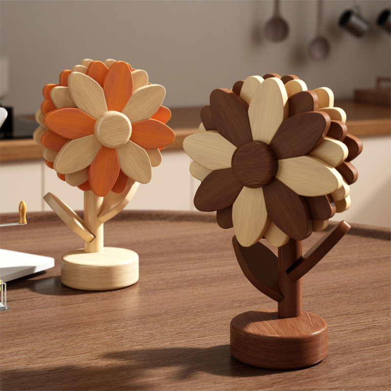 5-Piece Floral-Shaped Trivet Set with Stand – Wooden Heat Resistant Pad for Table, Dish, Pot or Cup(Warm orange and beech wood two-tone) — image 3