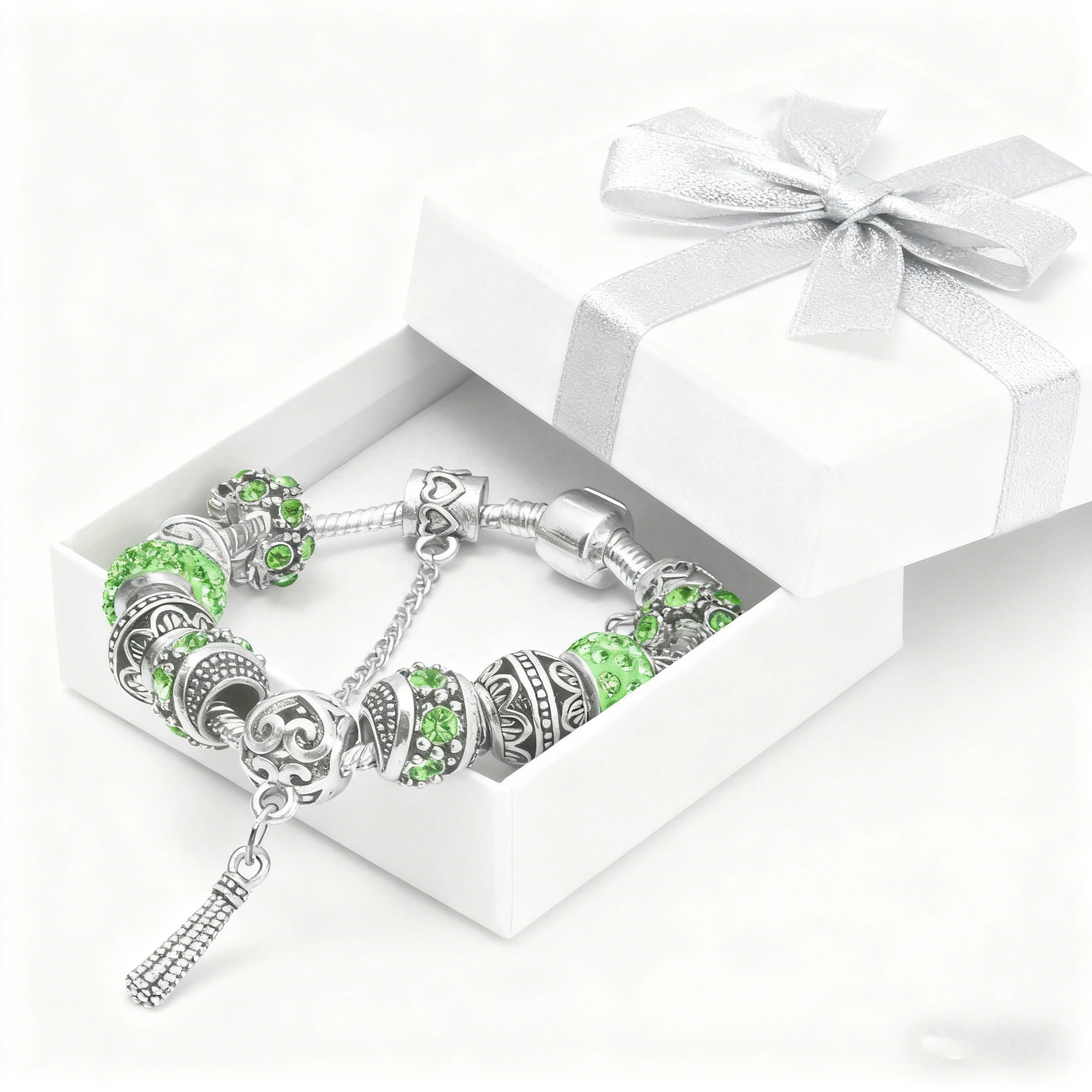 Women’s Vintage Silver-Plated Charm Bracelet - Crystal-Embedded Hollow Carved Multi-Bead Fashion Jewelry(green-19cm) — image 6