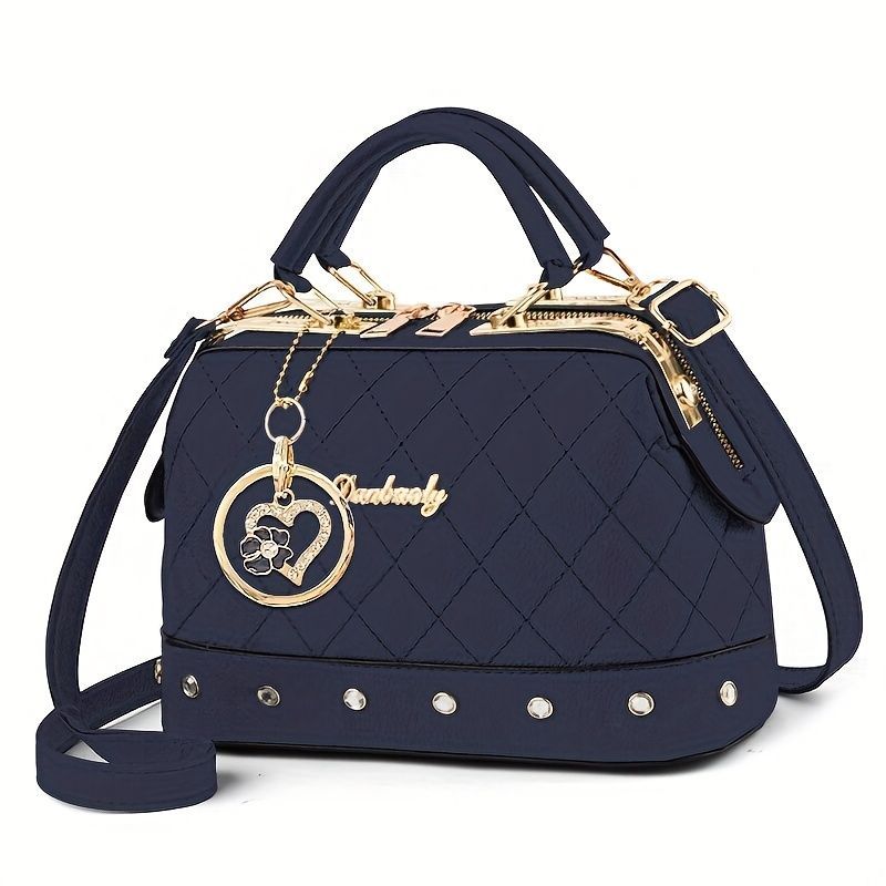 Women'S Handbag Quilted Handbag Studded Handbag Black Handbag Gold Toned - Blue - Size 25-13-16 — image 3