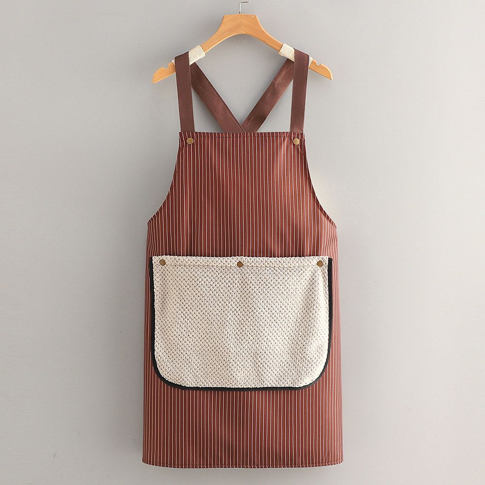 Apron for Women with Pocket, Cross Back No Tie Pinafore No Tie for Kitchen Garden Cooking with Hand Wipe (brown) — image 2