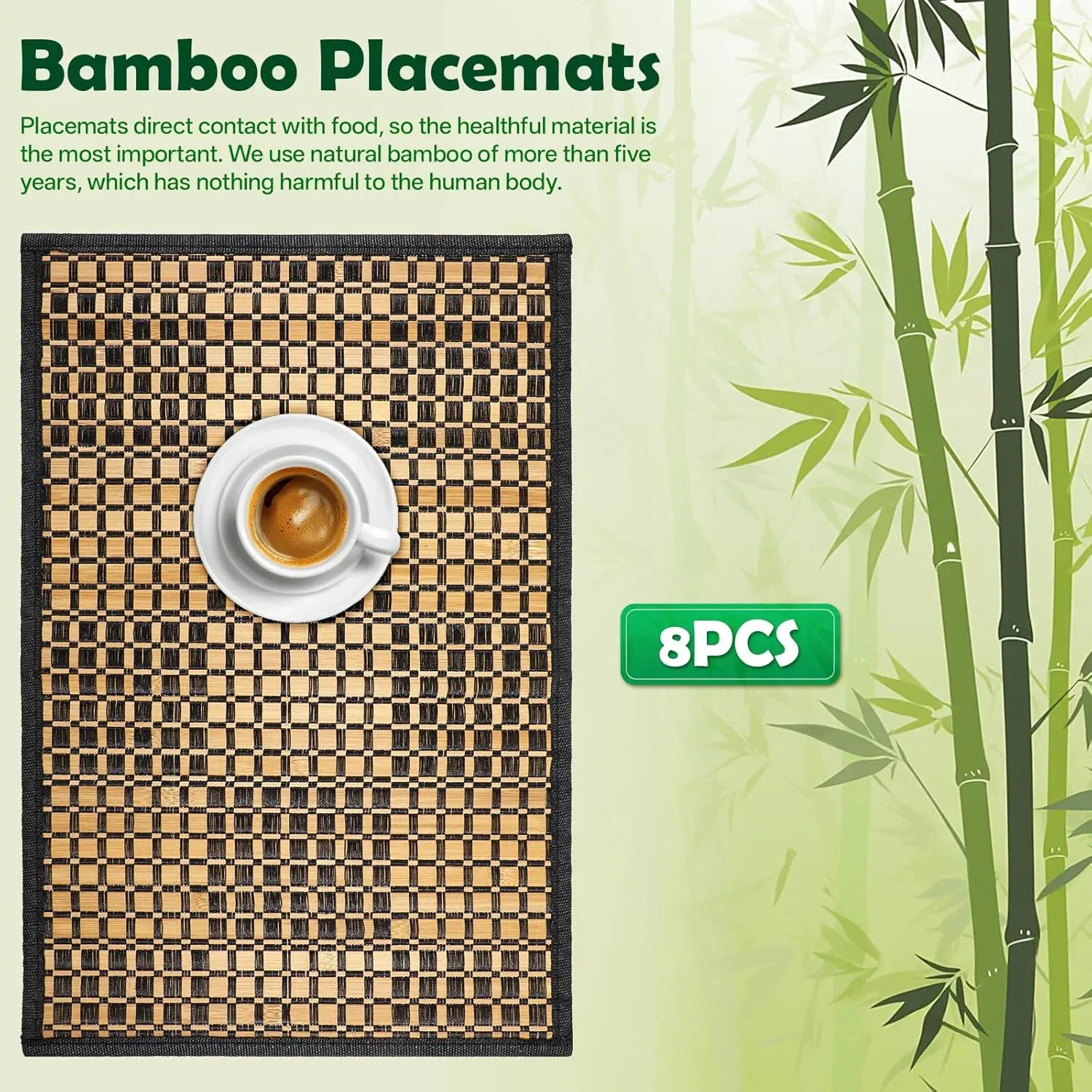 8 Pack Bamboo Placemats, Heat Resistant Anti Slip Washable Table Mats, Natural Black Brown — image 3
