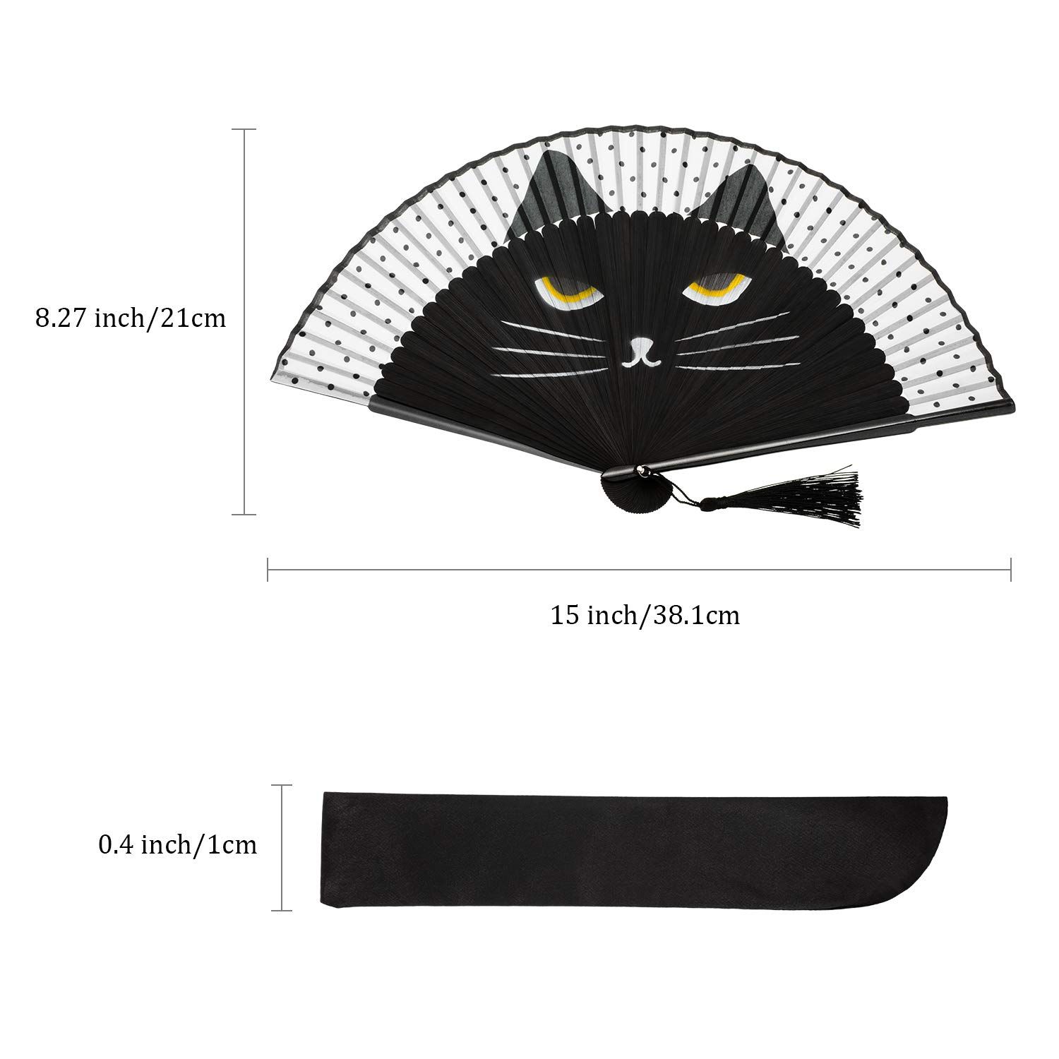 Cartoon Cat Hand Fans Folding Fan Hand Held Silk Fan Handheld Fan Black Cat Fan Women Foldable Fan with Store Bag — image 3