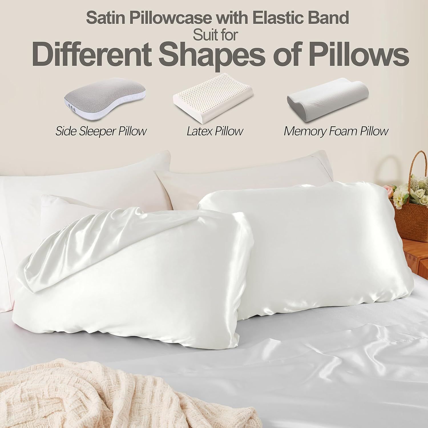 2 Pack White Satin Adjustable Pillowcases Set of Standard Size 20x26" - Soft Faux Silk Travel Covers for Hair & Skin, with Elastic Band Fit Various — image 3