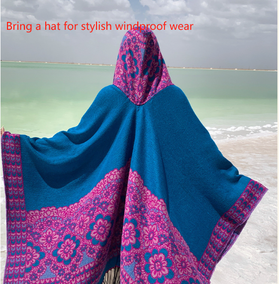Hundred Flowers in Blue Soft Faux Cashmere Poncho Cape - Oversized Winter Shawl Wrap (130x150cm) โ image 3