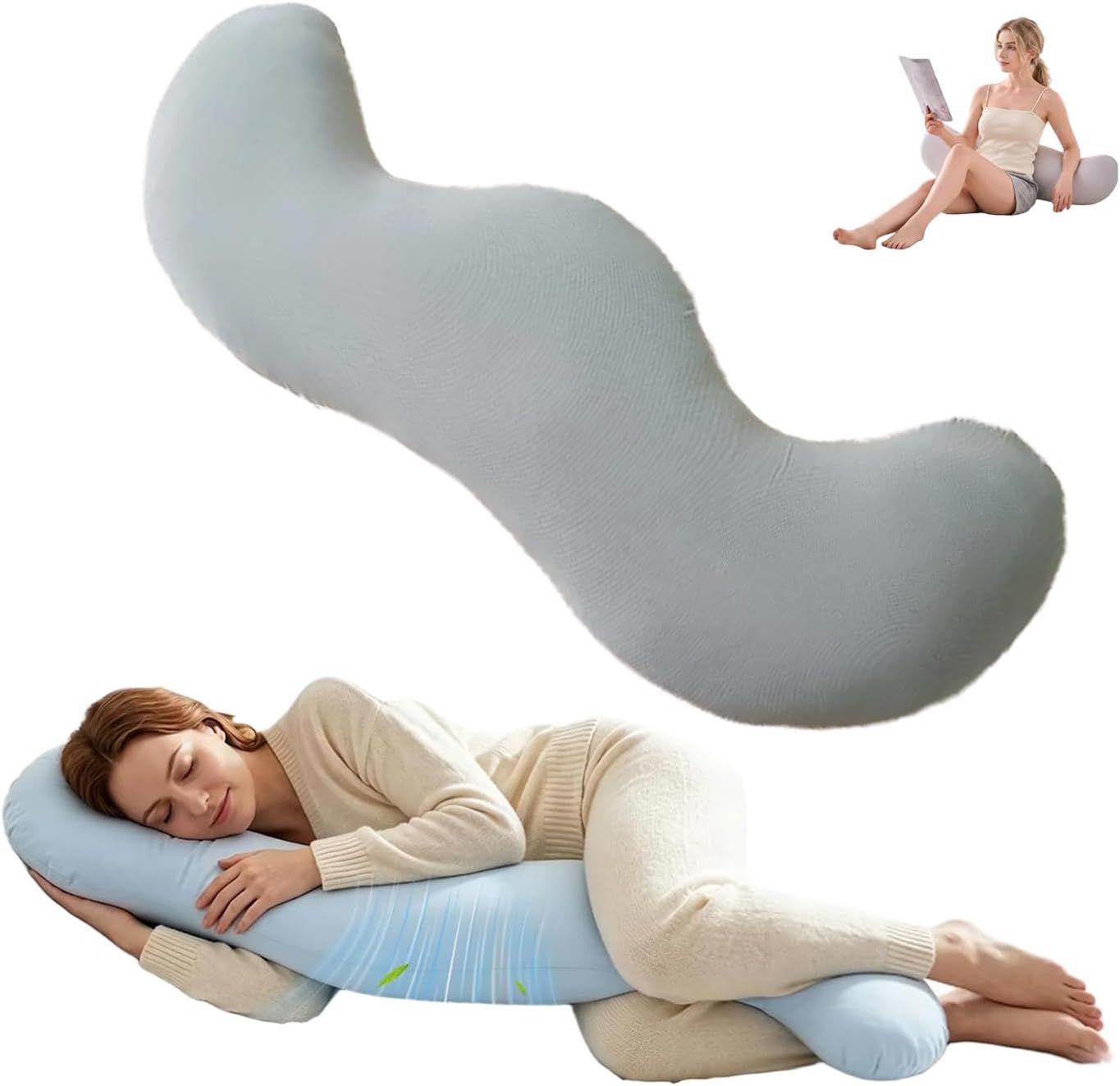 Pea Pod Shape Body Pillow for Adults Full-Body Support Side Sleeper Pillow, Pregnancy Back Pain Relief, Soft Hug Pillow with Memory Fiber Filling(Gray,43.3in)