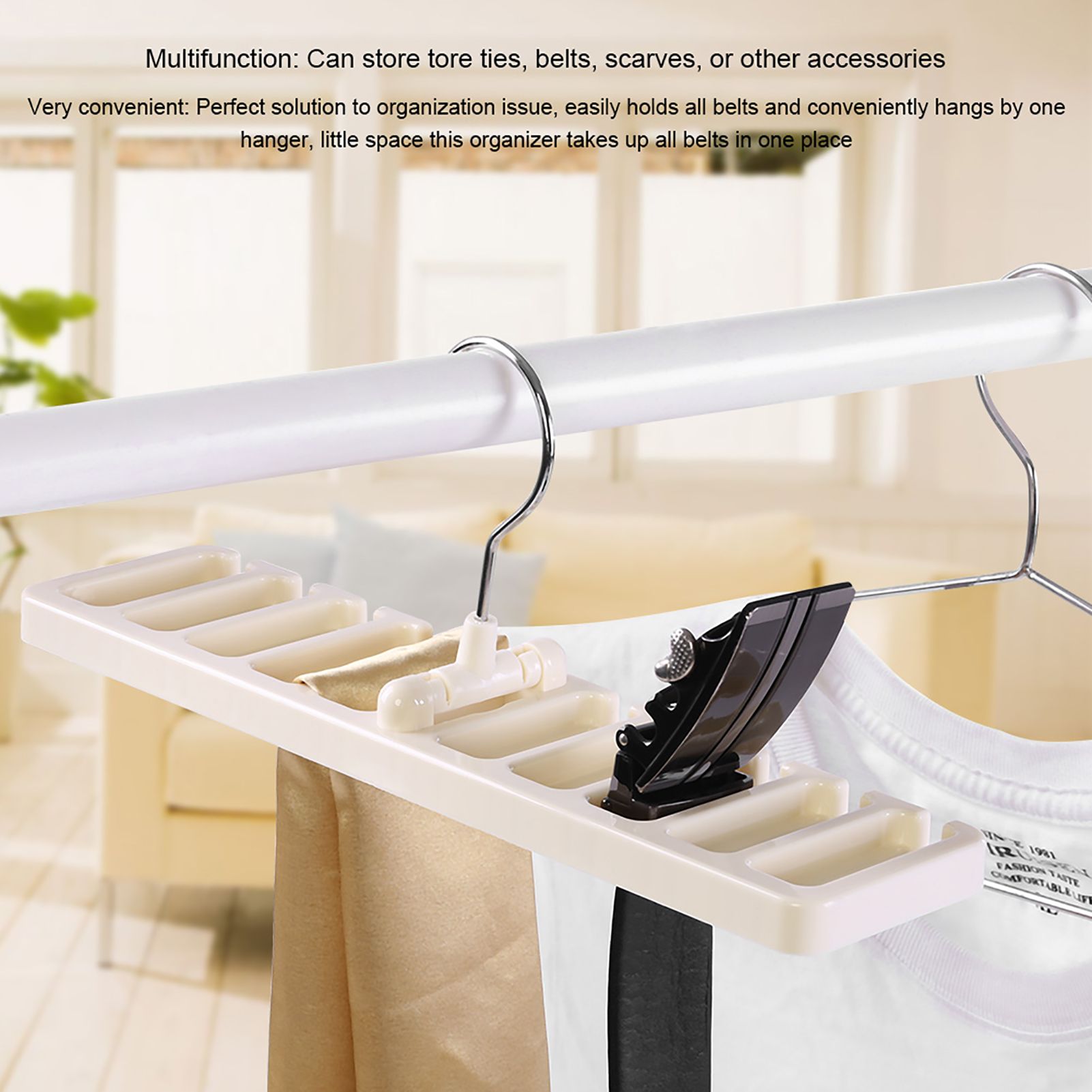 10 Slot Tie Belt Scarf Rack Organizer Sturdy Plastic Closet Wardrobe Space Saver Beige — image 3
