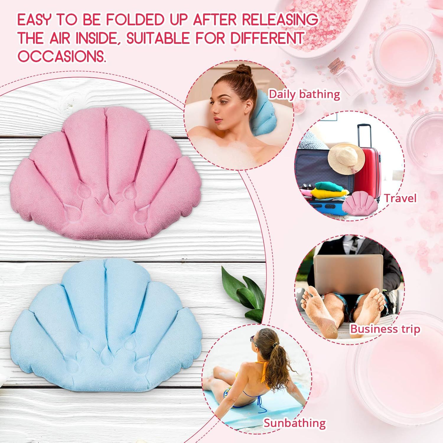 2 Pieces Inlatable Bath Pillow with Suction Cups, Terry Cloth Covered Bath Pillow Shell Shape Bathtub Spa Pillow Comortable Sot Bath Cushion, Neck Support or — image 4