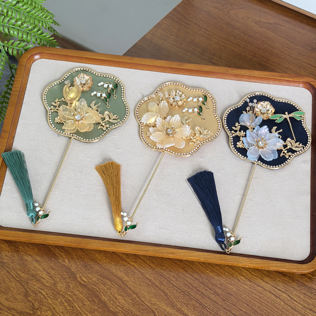 Dark Blue Exquisite Chinese Palace Style Mini Fan - Handheld Decorative Prop with Tassel for Photoshoots โ image 3