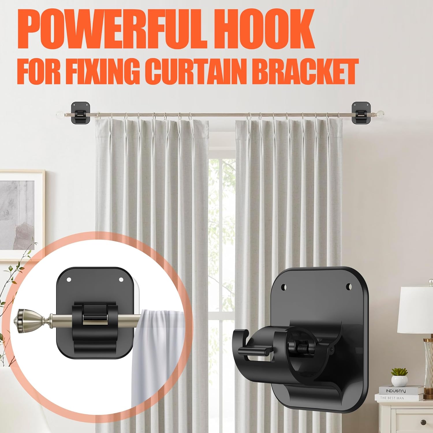 No Drill Curtain Rod Brackets No Drilling Holder 40LB - Renter Friendly Self Adhesive Hooks for Apartment Dorm Classroom Essentials Decor Hanging Drapes Rv โ image 5