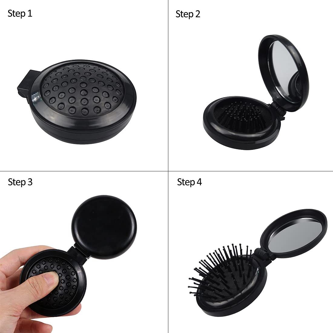1st Choice Folding Hair Brush with Mirror, Round Mini Compact Massage Comb for Purse/Pocket, Travel Size for Girls and Women (Black) โ image 3