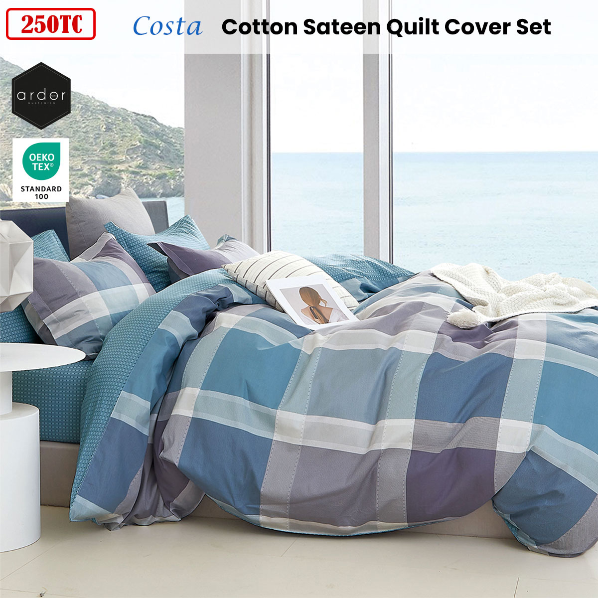 Ardor 250TC Costa Check Cotton Sateen Quilt Cover Set Queen — image 2