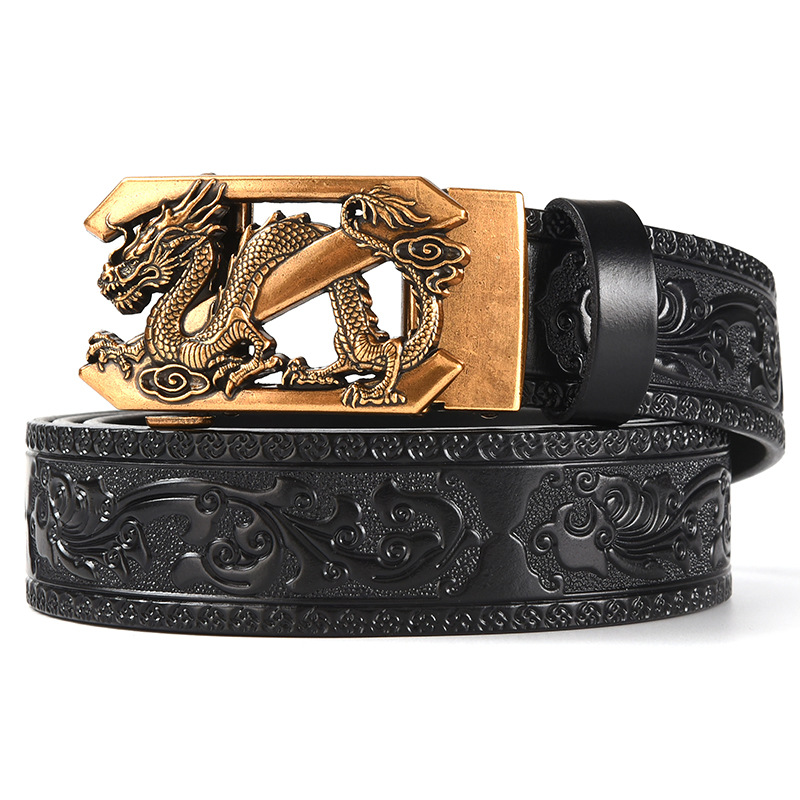 Brown 120CM Men's Genuine Cowhide Vintage Carved Belt with Sliver Dragon Design Automatic Sliding Buckle — image 2