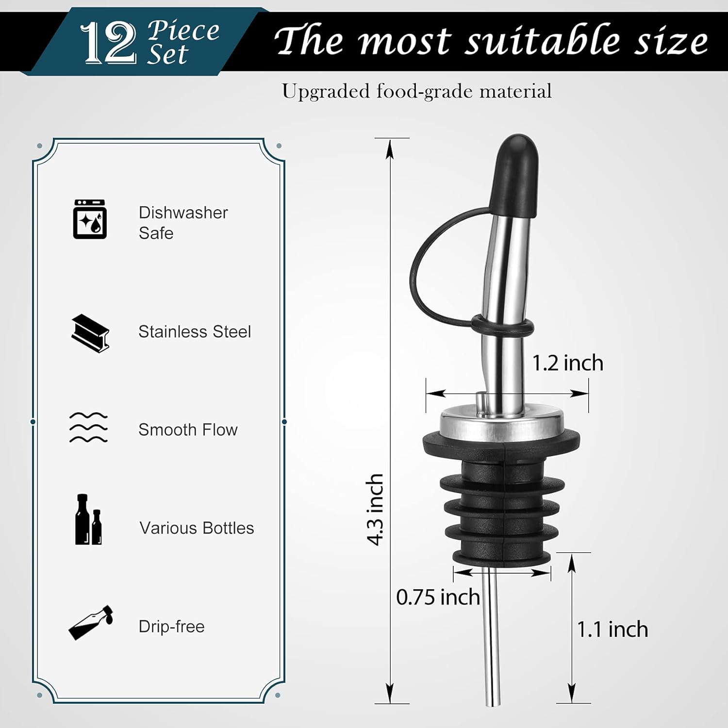 12 Pack Liquor Pour Spout, Stainless Steel Liquor Bottle Pourers with Rubber Dust Caps for Alcohol, Olive Oil, Liquor Pourers with Dust Caps, Speed Pourers โ image 2