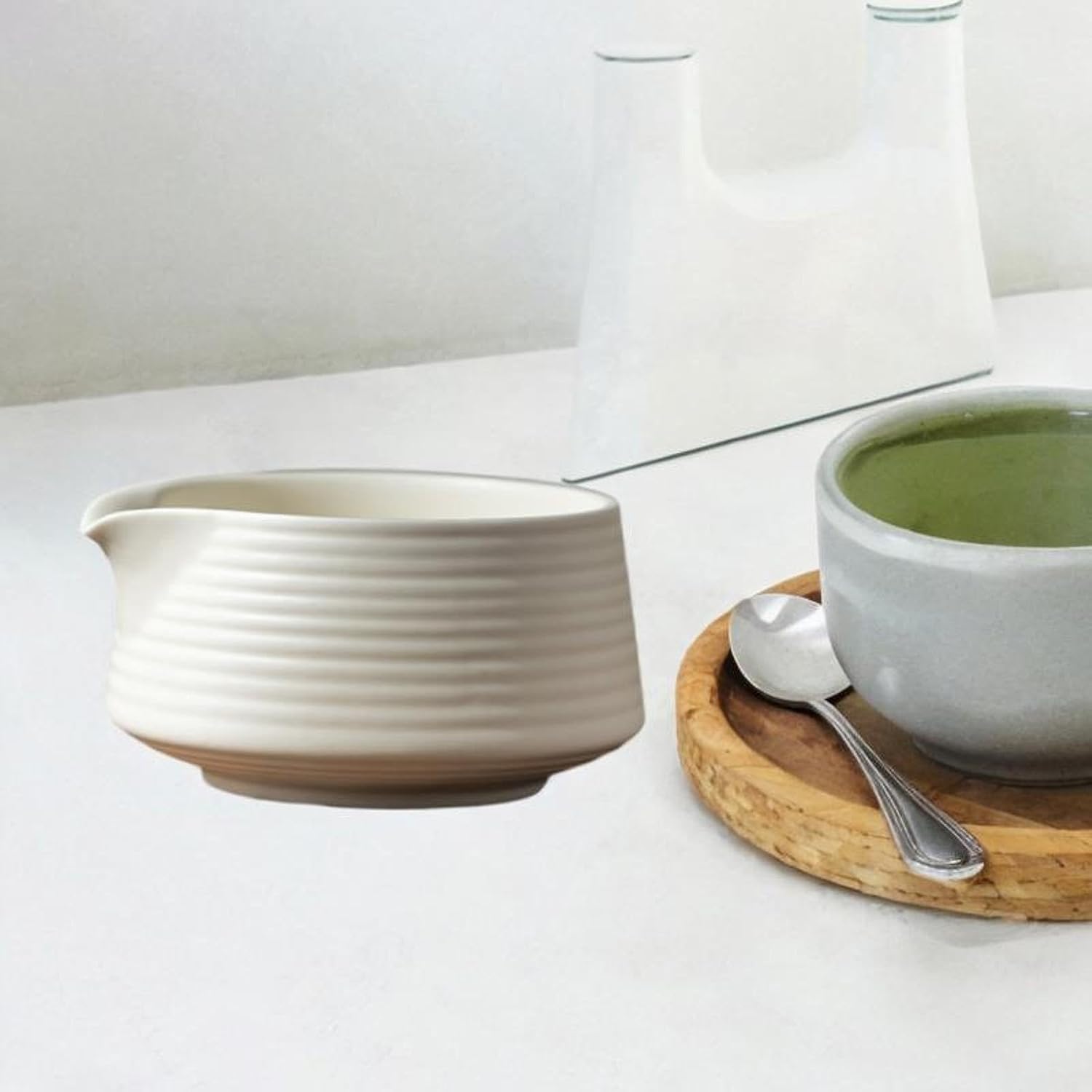 Japanese Matcha Bowl Handmade Matcha Ceremony Matcha Cup with Spout for Restaurant, White — image 5