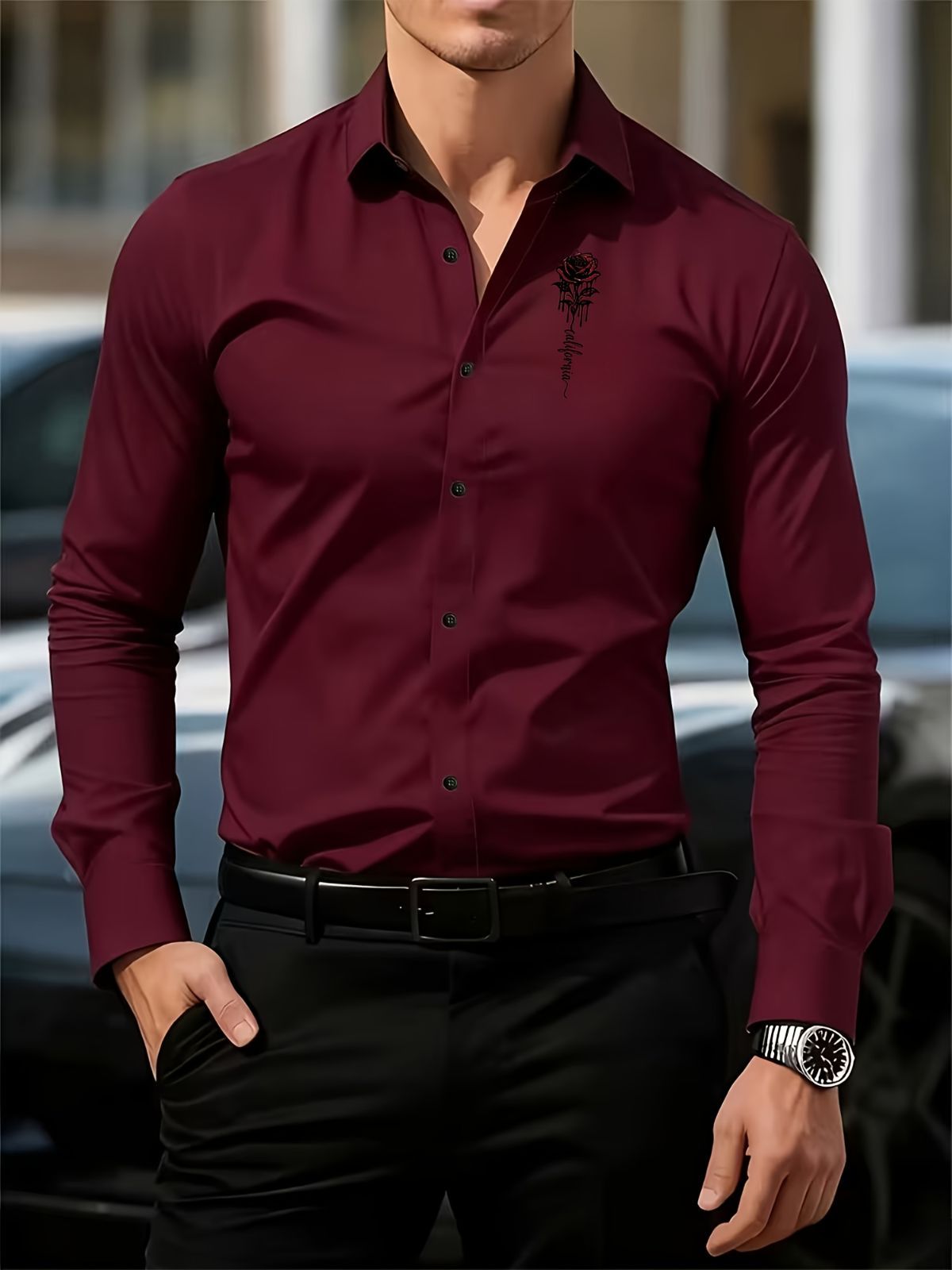 Men'S Formal Shirt Slim Fit Dress Shirt Long Sleeve Shirt Printed Shirt - Burgundy - Size 3XL(AU 3XL/EU56) — image 4
