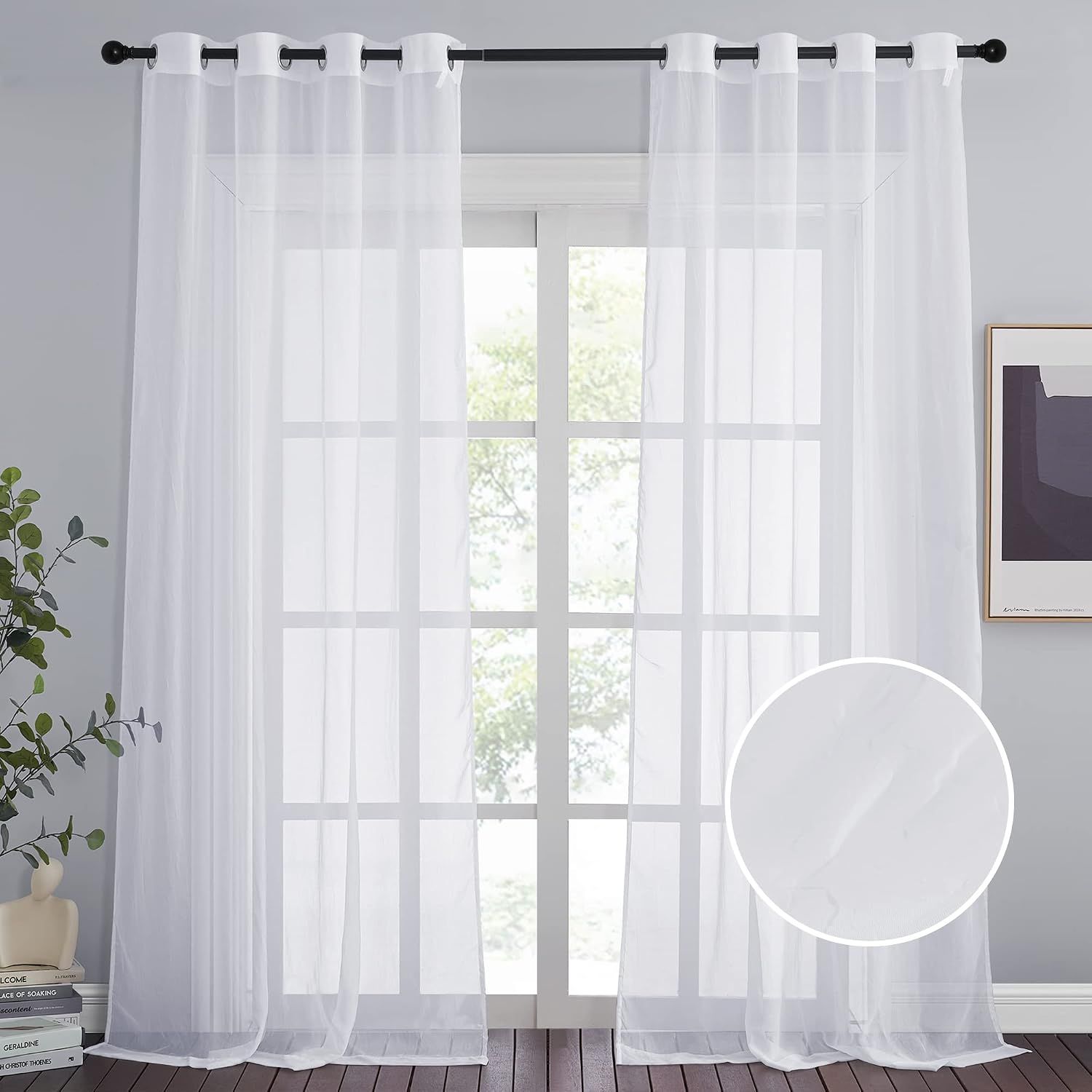 2 Pack White Sheer Voile Curtains, Crinkled Lightweight Grommet Window Drapes for Bedroom, Cottage and Farmhouse, White, 132 x 213 cm
