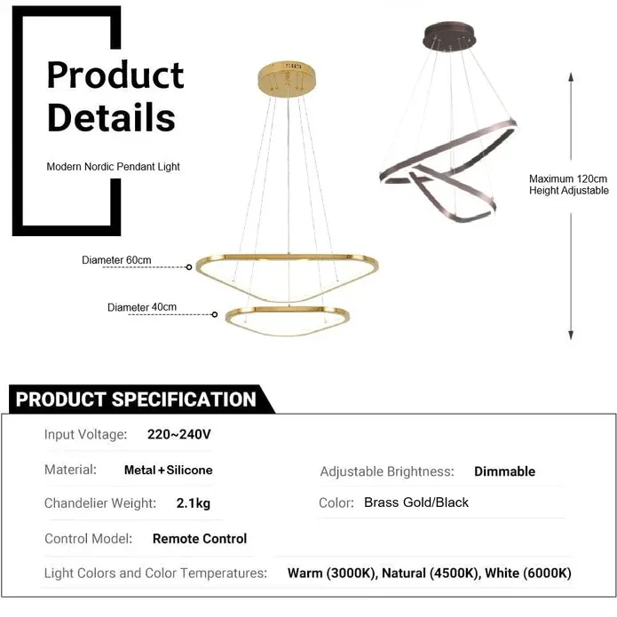 BAMDECOR AD2583 Modern Triangular LED Chandelier (Two Rings-Gold — image 5