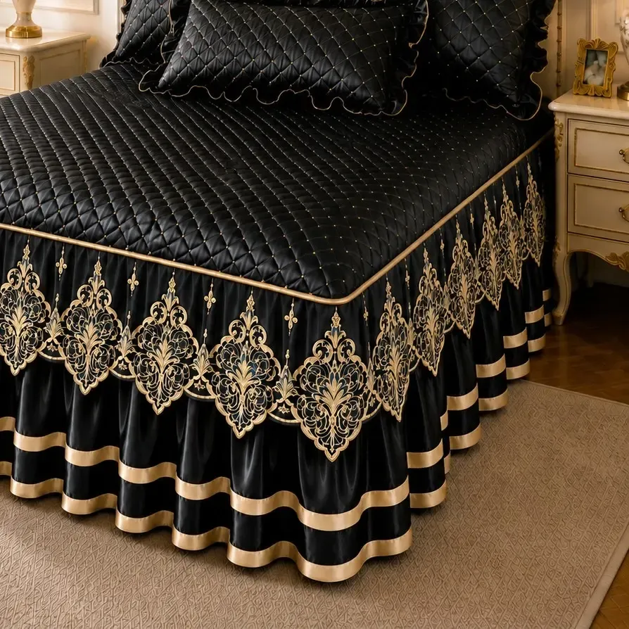 Black and Gold European Soft Brushed Quilted Bed Skirt + 2 Pillowcases Set - Breathable Padded 150 x 200CM Mattress Cover with Lace Trim and 45CM Elevated — image 4