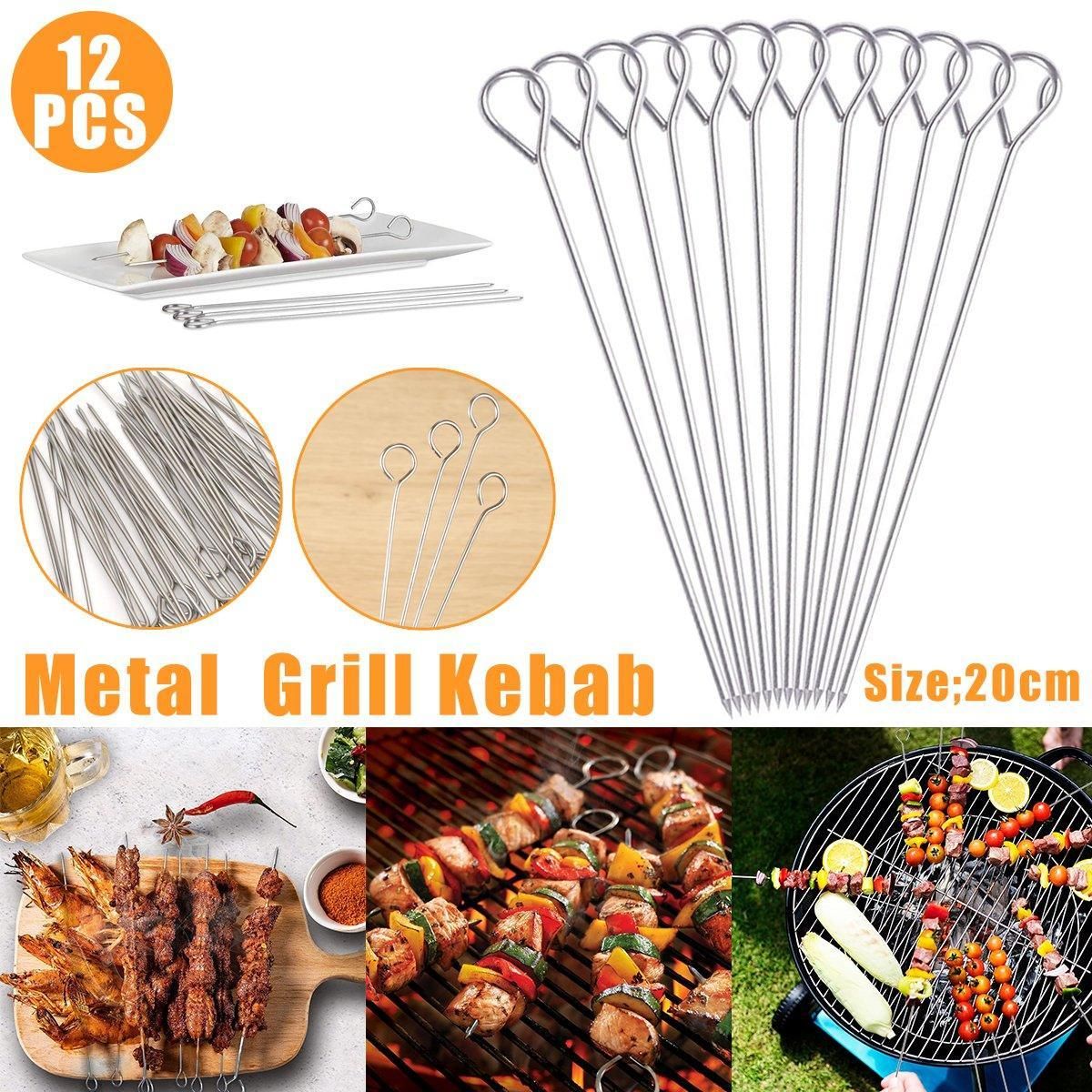12PC Metal BBQ Skewers Reusable 20cm Grill Sticks Kebab Grilling Tools