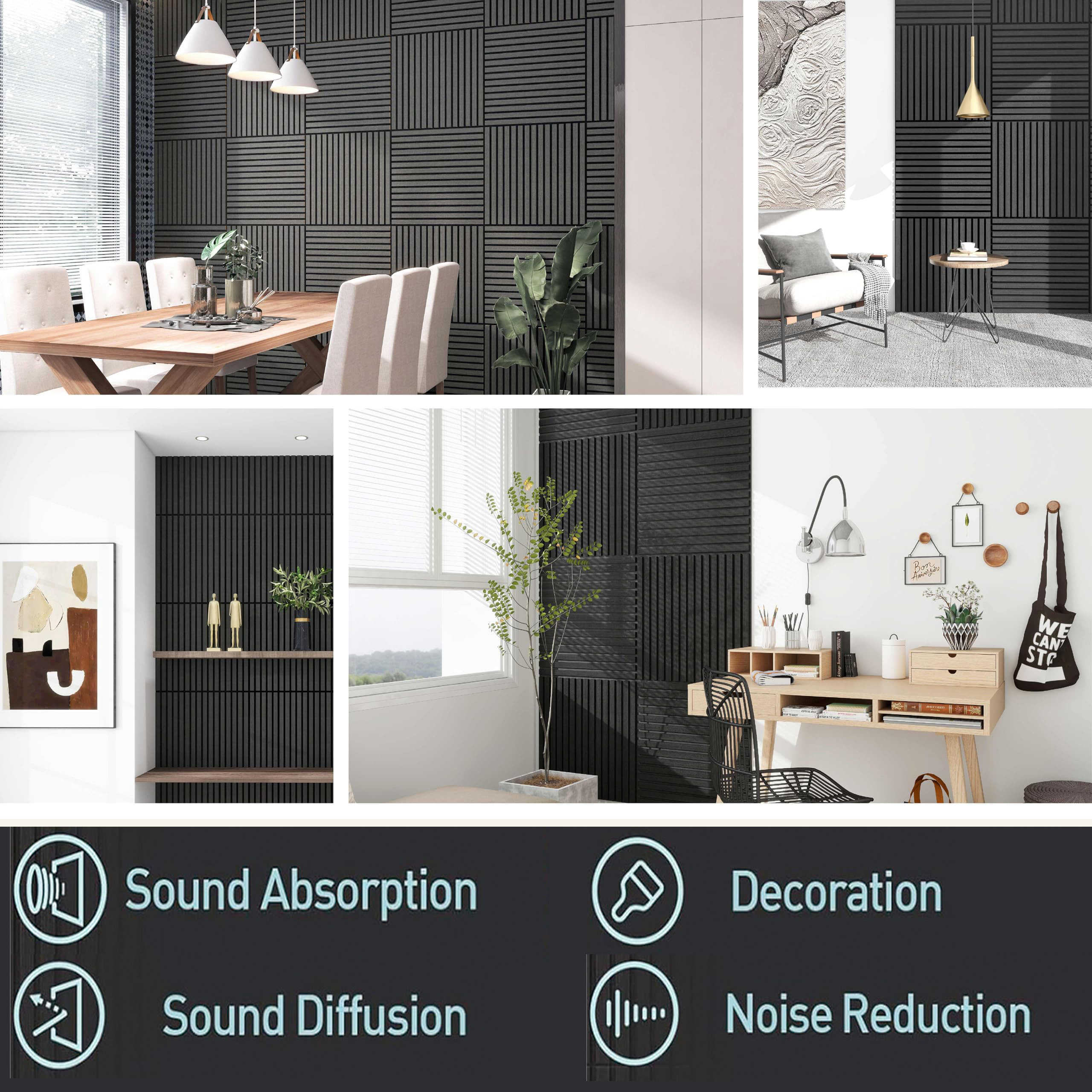 4 Pcs 60cm x 60cm Wall Panel Wood Slat Acoustic Panels Sound Absorbing Proof Panel for Wall Ceiling Decorative Black โ image 5