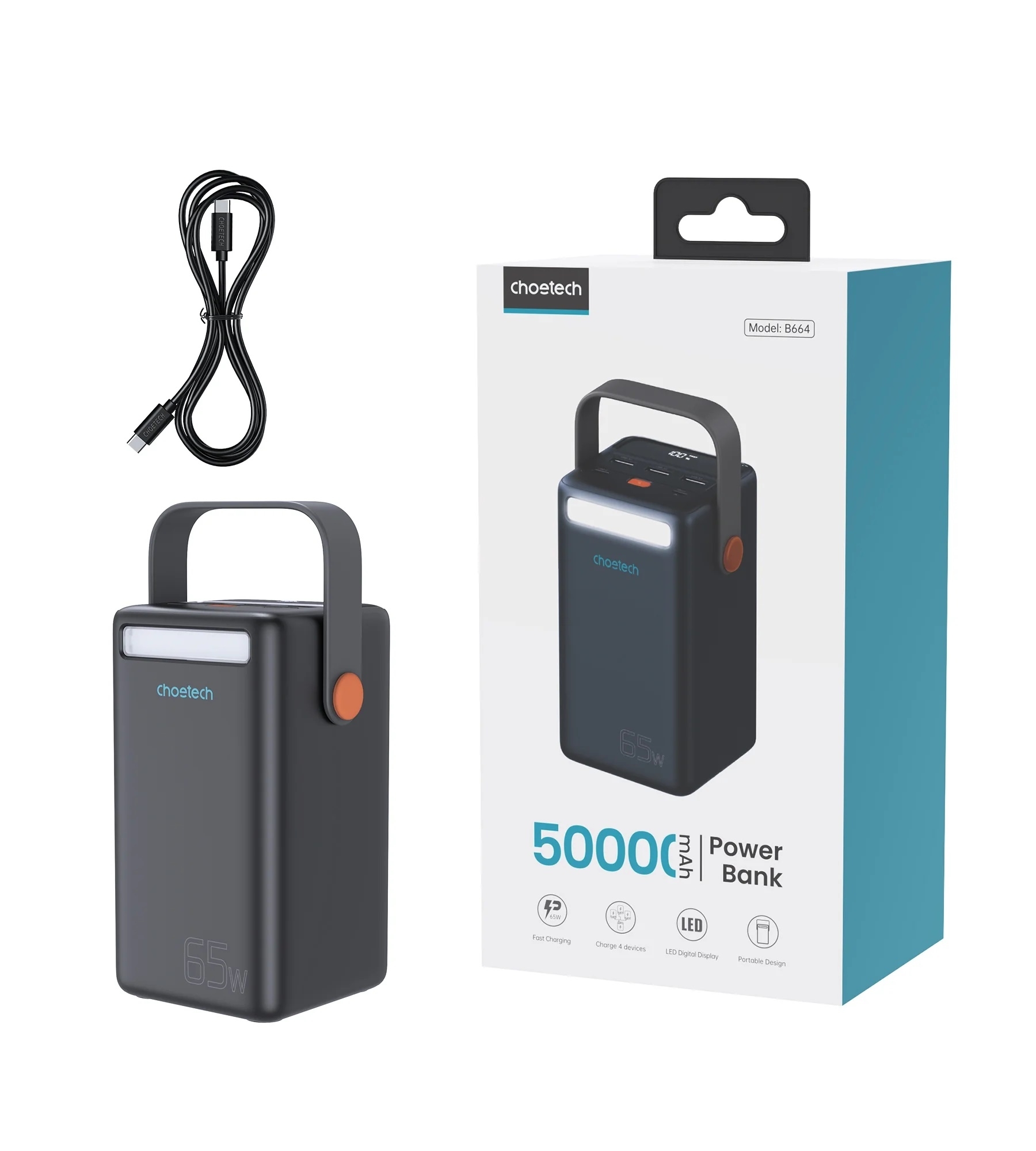 CHOETECH B664 50000mAh PD65W Power Bank with LED Flashlight LCD Display โ image 4