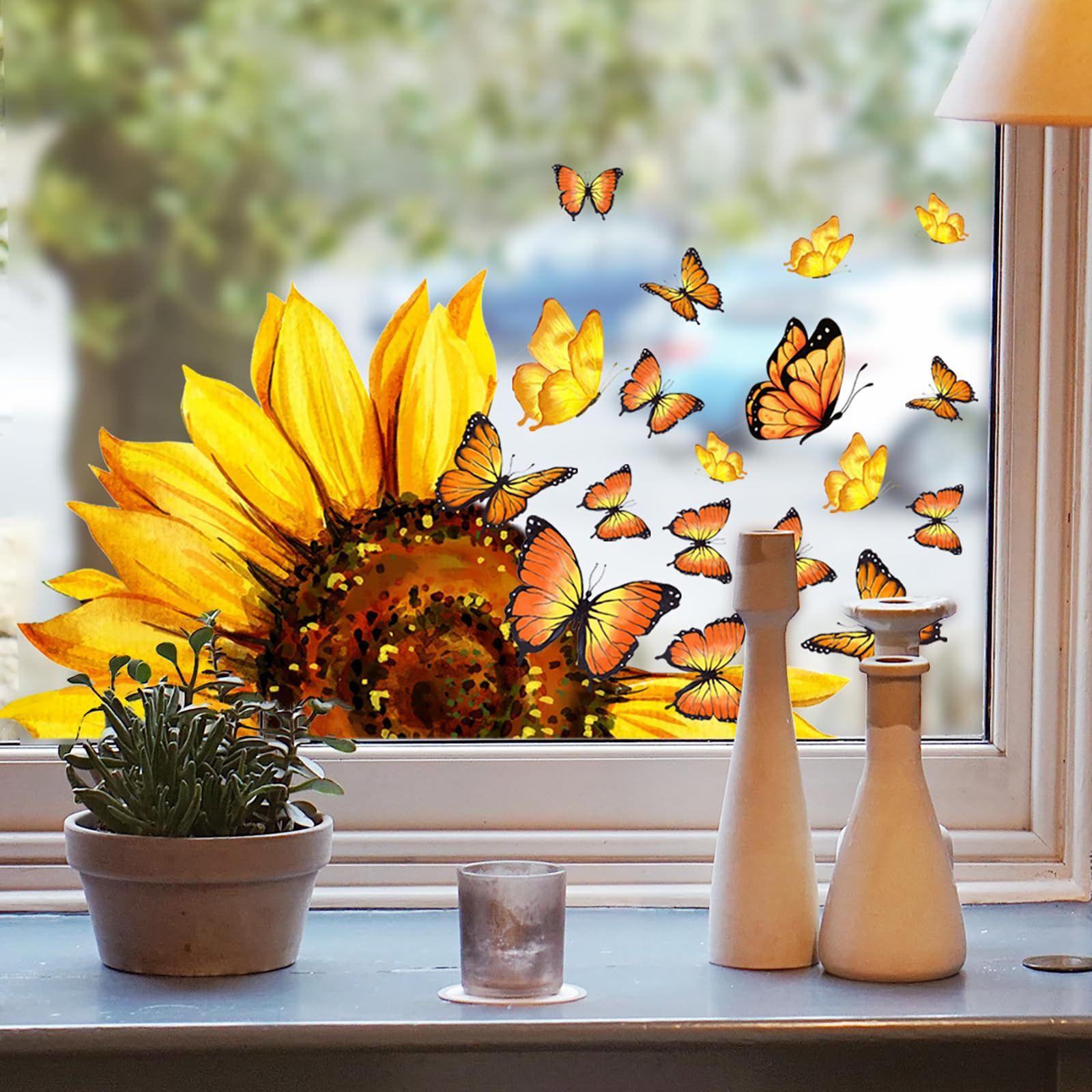 Window Clings Flower Butterfly Window Stickers DIY Gel Sunflower Window Clings Double-Sided Floral Window Decals for Glass
