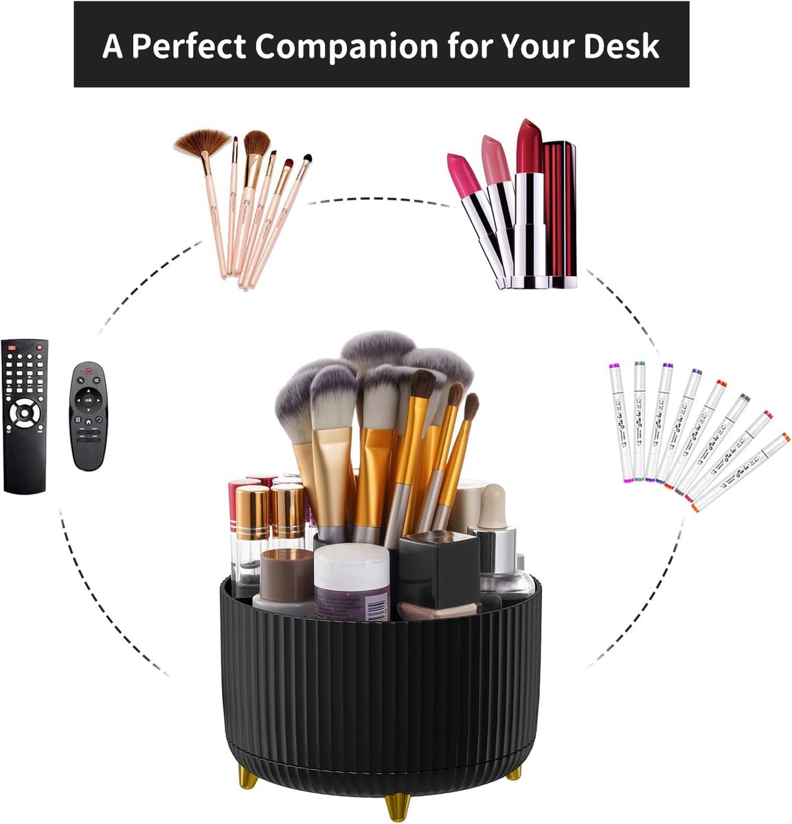 Desk storage box - 360-degree rotating office storage box - Pen holder - 5 pen sorting compartments - Space-saving desk storage box - Black - 15 × 12.5 cm — image 4