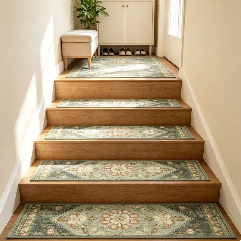 4 Pcs Green Vintage Floral Non Slip Stair Treads, Adhesive Carpet Runners for Wooden Steps Pets and Seniors, 8 × 30 in — image 3