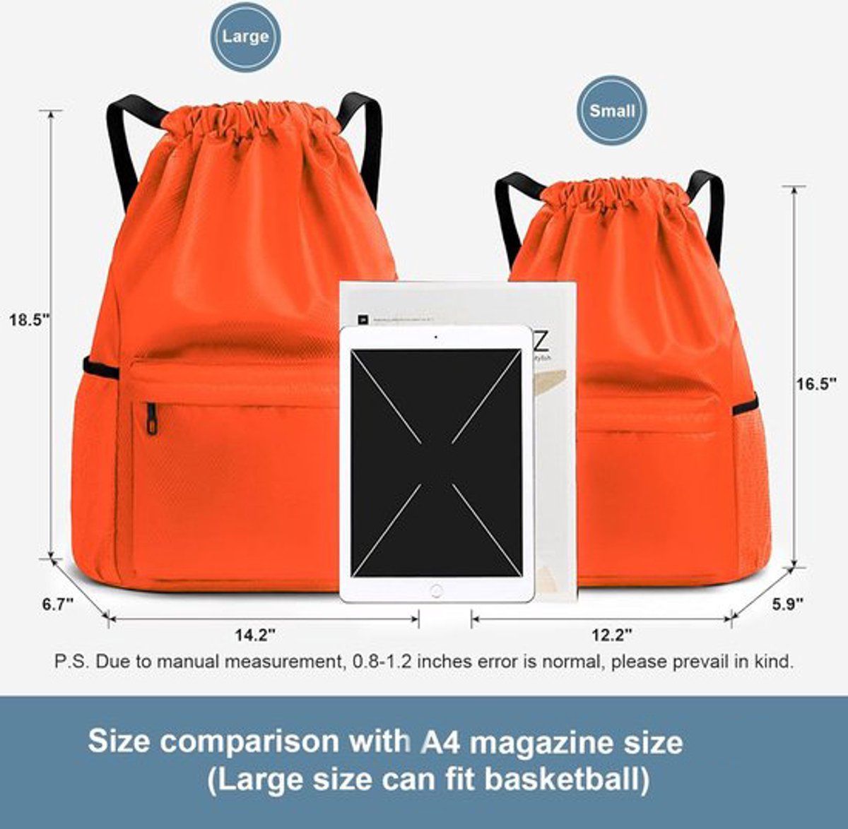 Waterproof Drawstring Gym Bag with Wet Dry Compartment, Lightweight Sports Backpack for Yoga, Dance and Travel, Orange, Large, 47 cm โ image 2