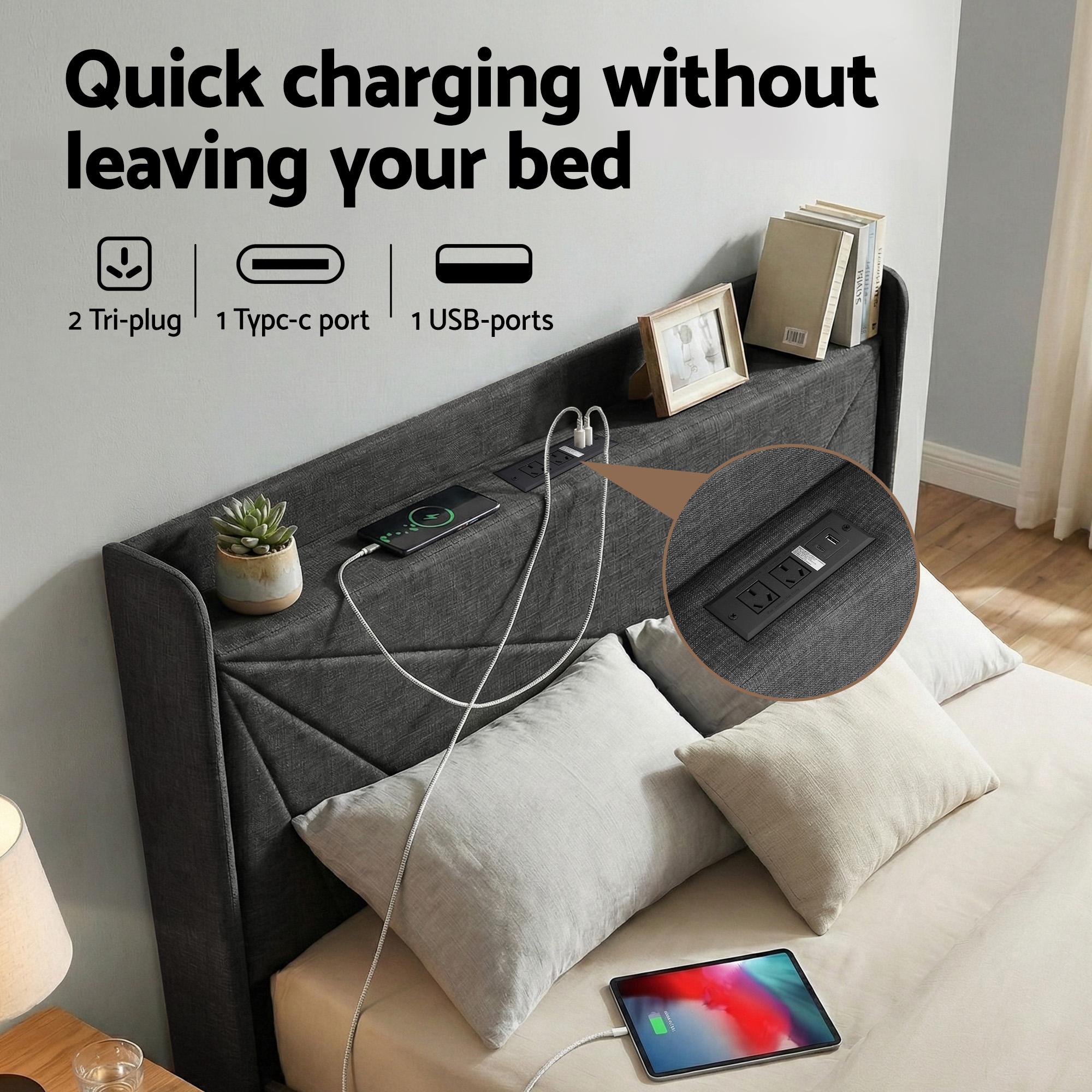 Artiss Double Bed Frame Gas Lift Storage Bed with Charging Ports Upholstered Geometric Headboard Charcoal Grey โ image 6
