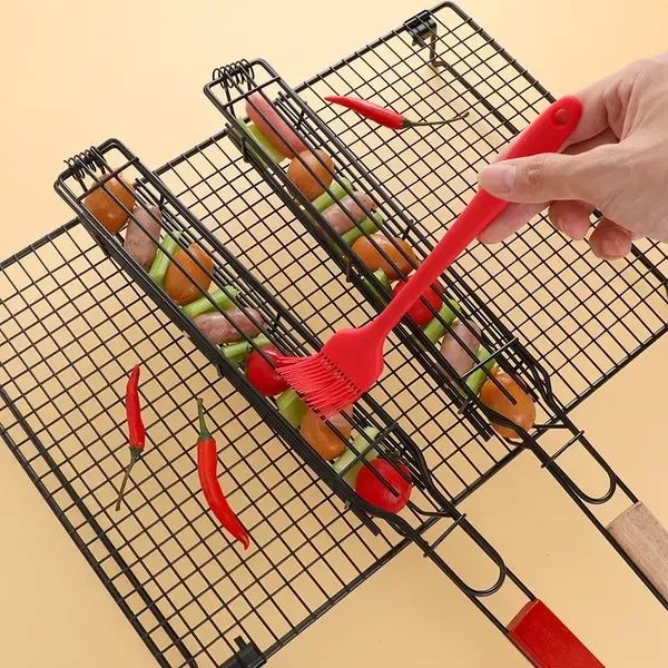 2 Pack Non-Stick Steel BBQ Grill Baskets with Locking Food Cage and Wooden Handles for Camping and Charcoal Grilling, 49 cm — image 2