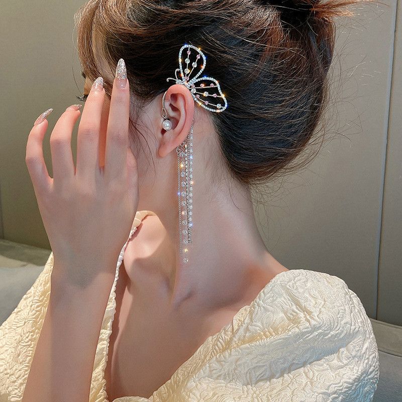 Earring for Women Elegant Clip Non Pierced Earring Long Zircon Bead Tassel Earring for Girls Ear Wrap Cuff Dangle Fairy(1 pair) — image 4