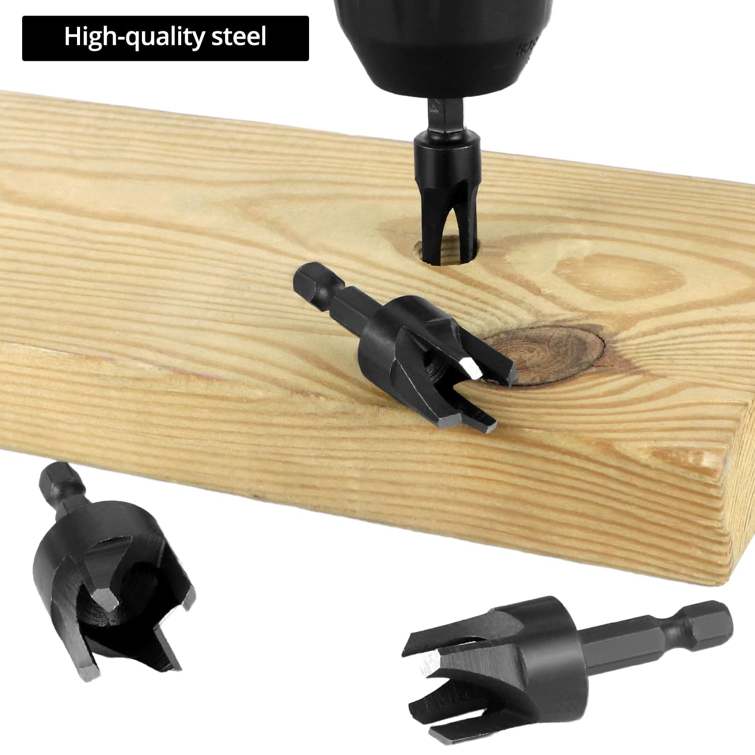 Wood Plug Cutter Drill Bit Set, 8Pcs, Includes 1/4", 5/16", 3/8", 1/2" Sizes, 1/4 Inch Hex Shank — image 5