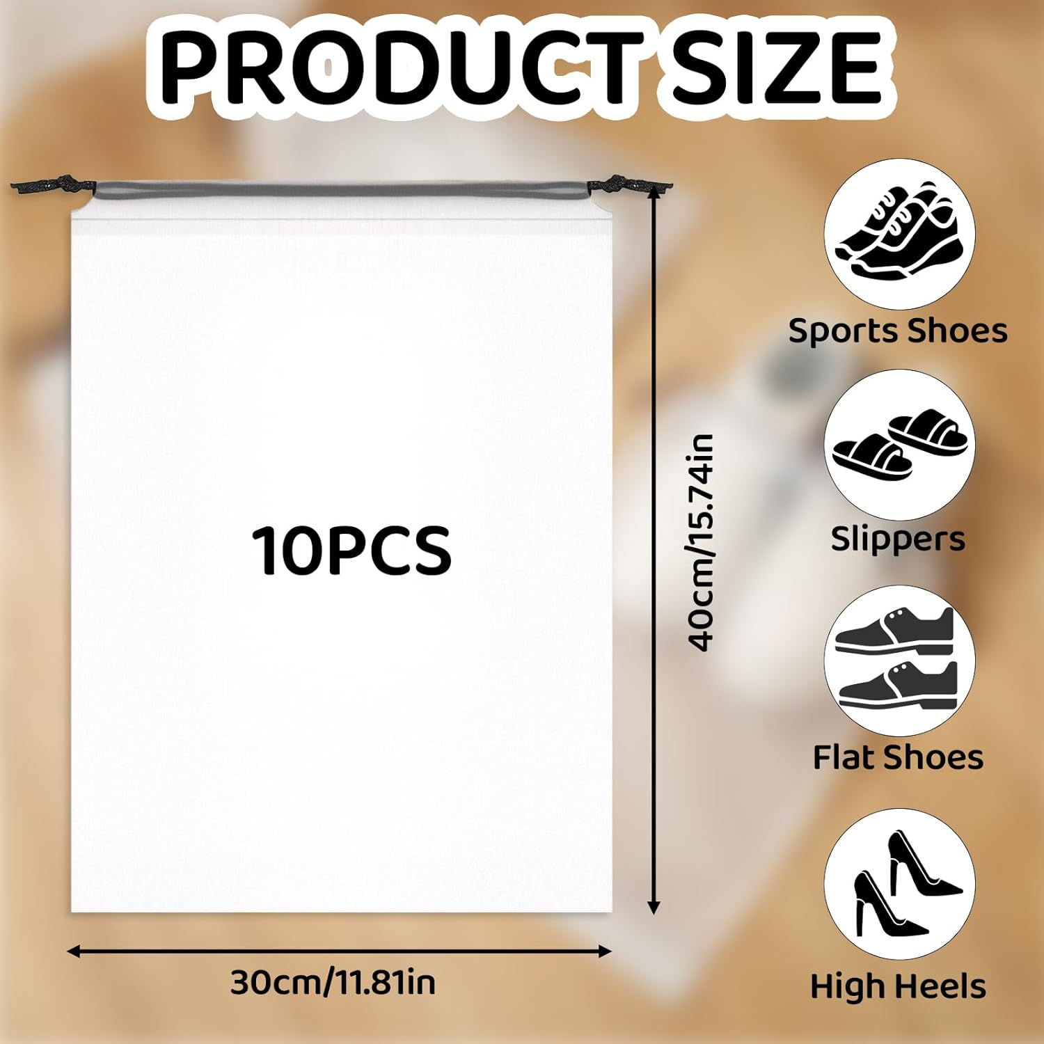 10-Pack Shoe Bags for Travel - 15.7" x 11.8" Large Clear Drawstring Shoe Bags for Packing, Storage - Waterproof,Durable & Reusable Sneaker Shoe Storage Bag — image 3