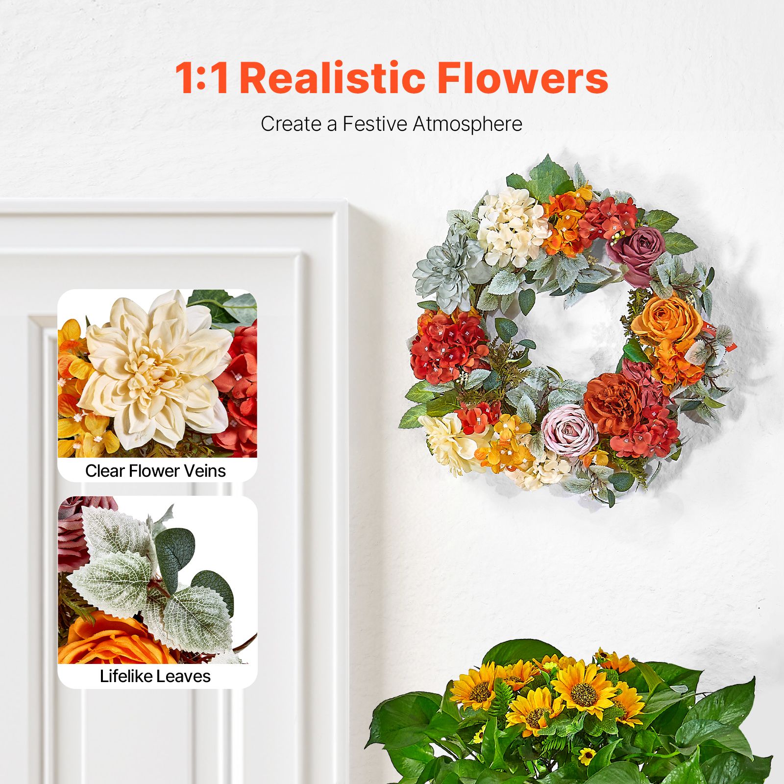 Artificial Decorative Wreath 60.96 cm Red Orange Yellow Hydrangeas Roses — image 2