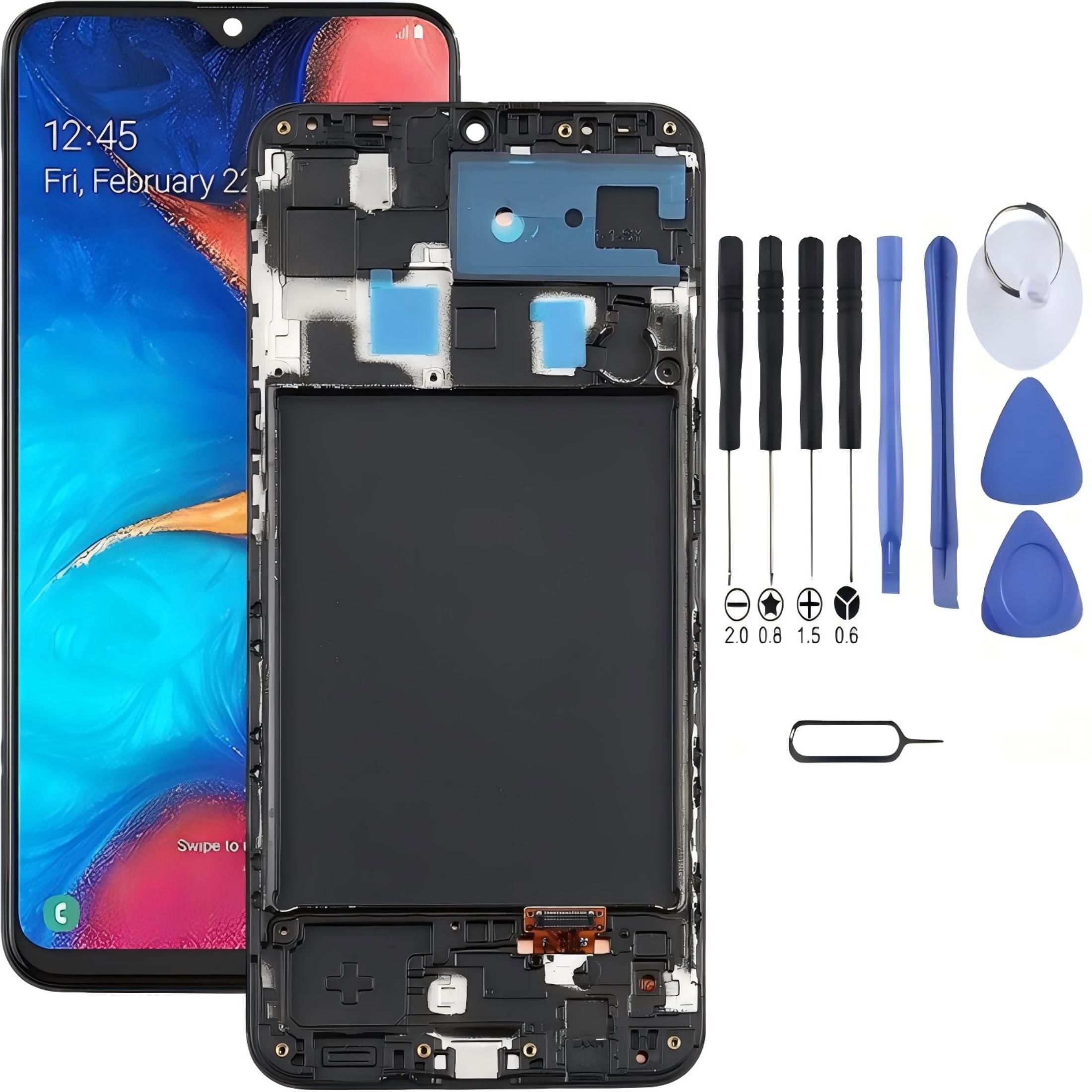 Samsung Galaxy A20 Screen Replacement with Frame, 6.4 Inch Super AMOLED Touch Digitizer, Complete Disassembly Repair Tool Kit for SM-A205F SM-A205U SM-A205U1