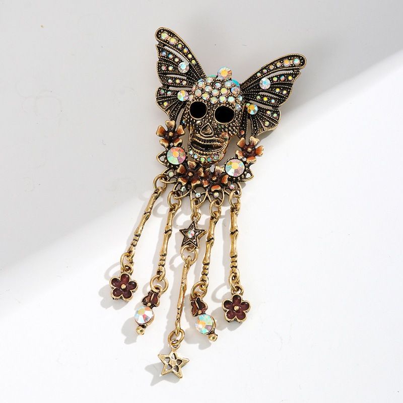 Gothic Skull Butterfly Brooch with Tassel - Vintage Rhinestone Skeleton Pin with Dangling Charms, Dark Aesthetic Statement Badge for Coat Sweater, 11.3cm โ image 4