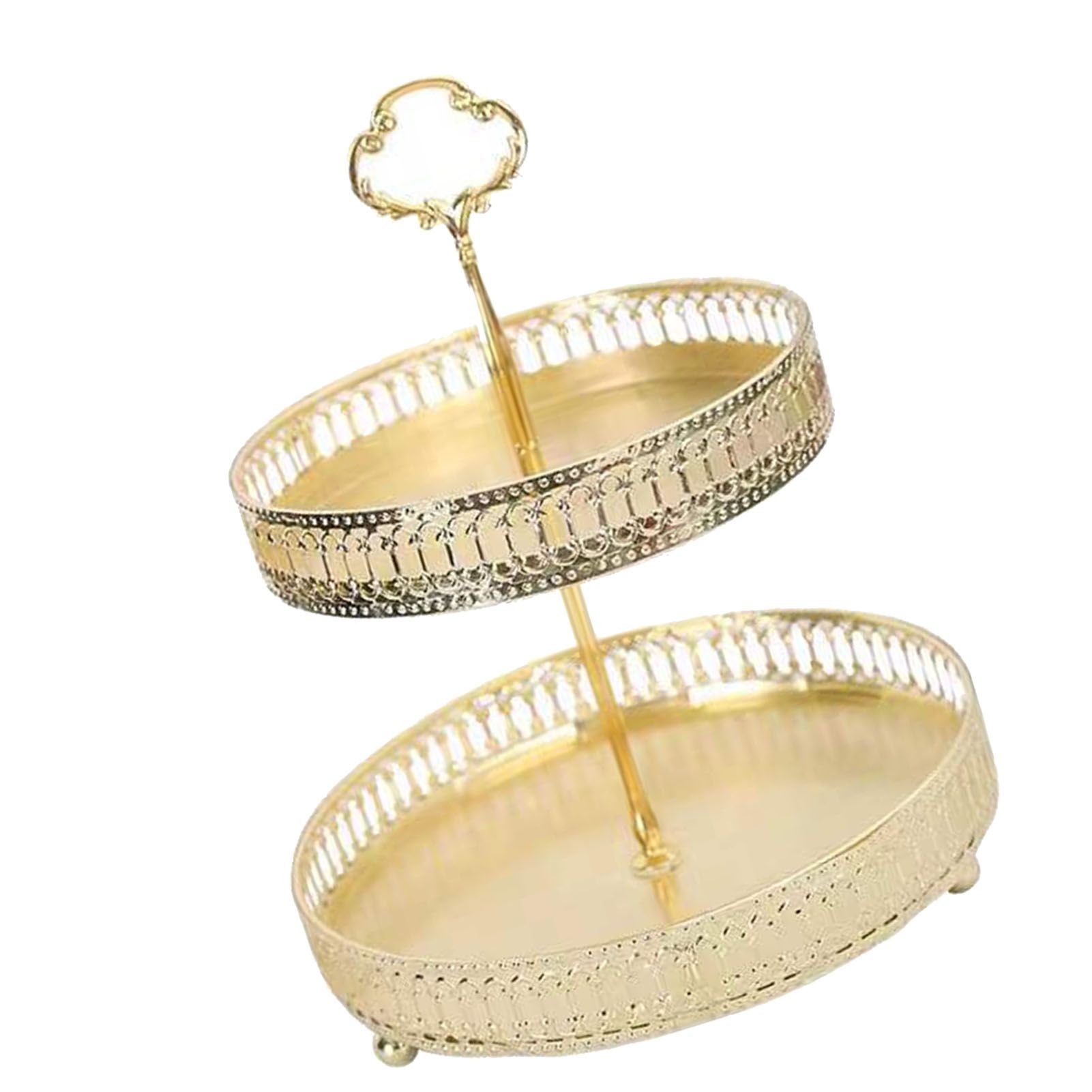 Double Layer Pastry Tray Decorative Copper Gold Biscuits Dessert Display Plate for Wedding Hollowed Out Vertical Grain — image 3