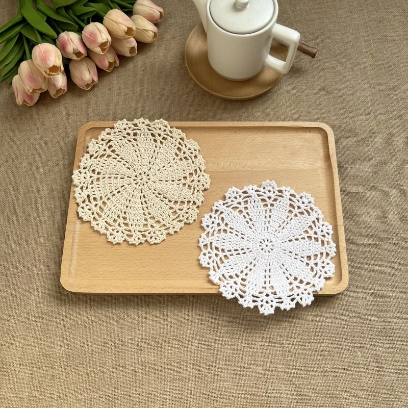 Handmade Crochet, [ 2Pcs] Rustic Cloth Lace Round Table Doilies Place Mats Vintage Decorate Table Placemats — image 2