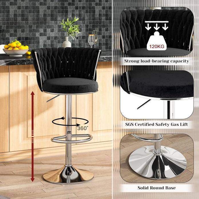 SERENITà Modern Silver Swivel Upholstered Velvet Adjustable Height Counter Stool with Metal Frame Black (Set of 2) — image 3